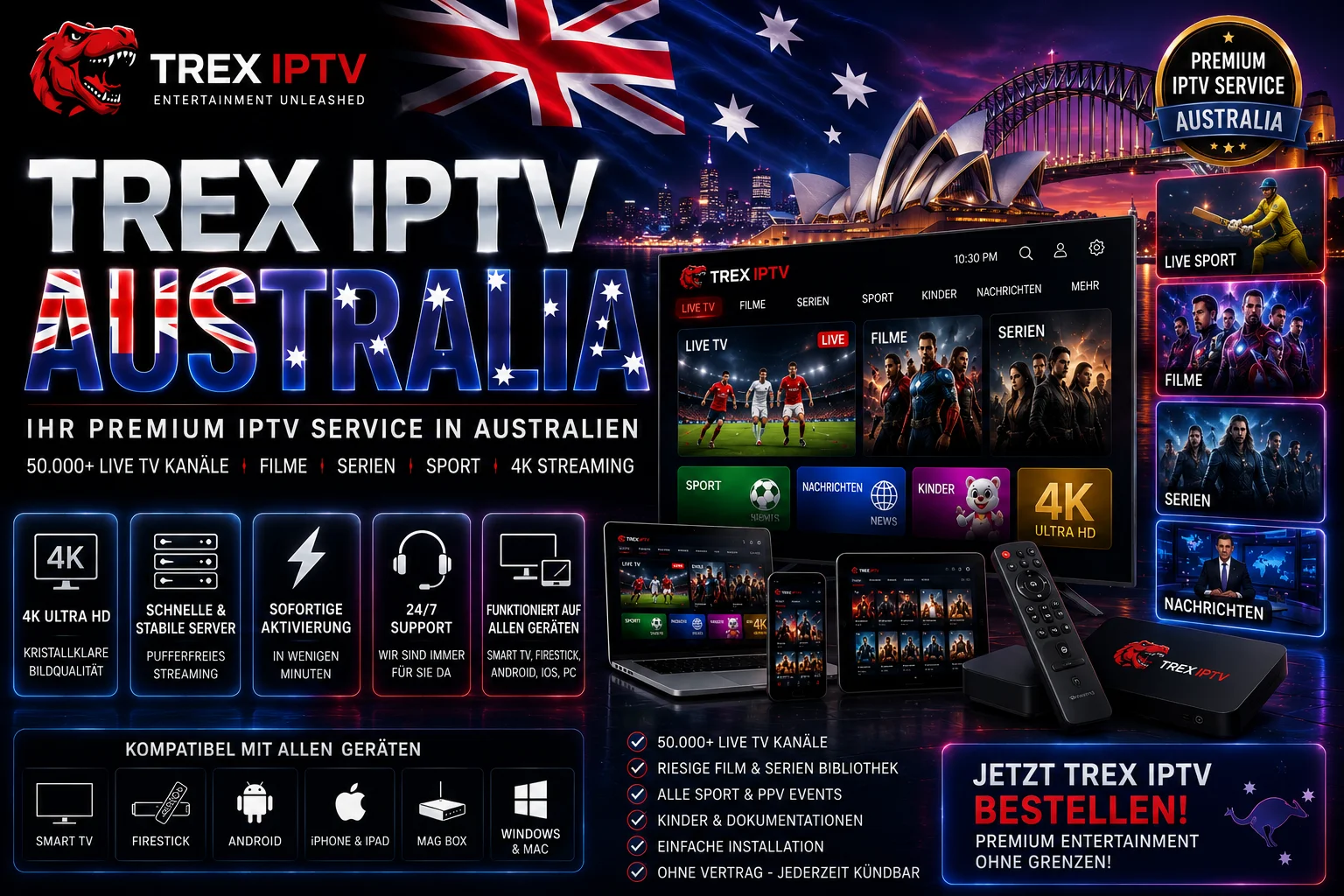 Trex IPTV Australia dashboard with AFL Grand Final, NRL State of Origin and Cricket BBL streaming live in 4K HDR across 50,000+ channels