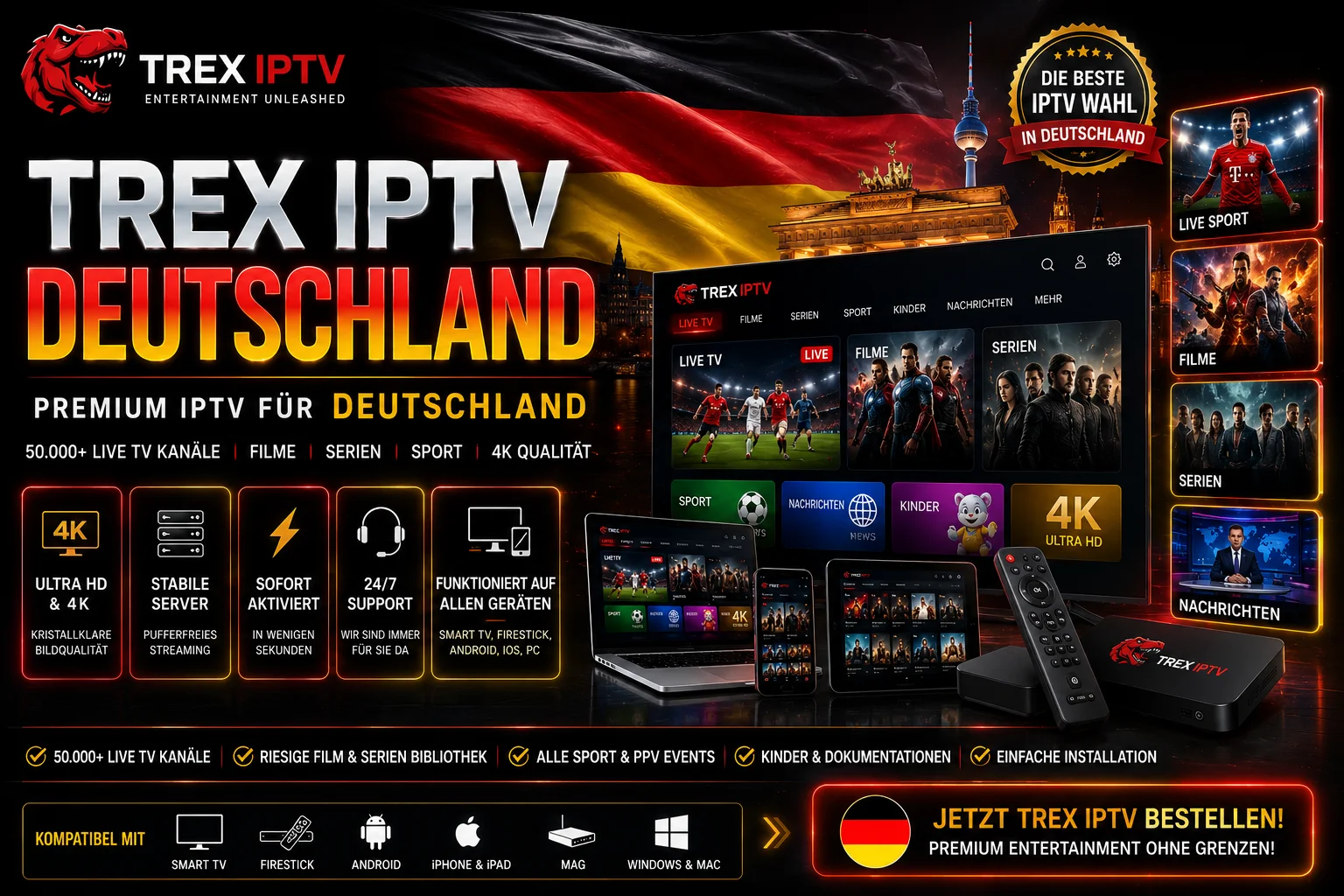 Trex IPTV Deutschland Dashboard mit Bundesliga FC Bayern gegen Borussia Dortmund live in 4K, 50.000+ Sender und 160.000+ VOD