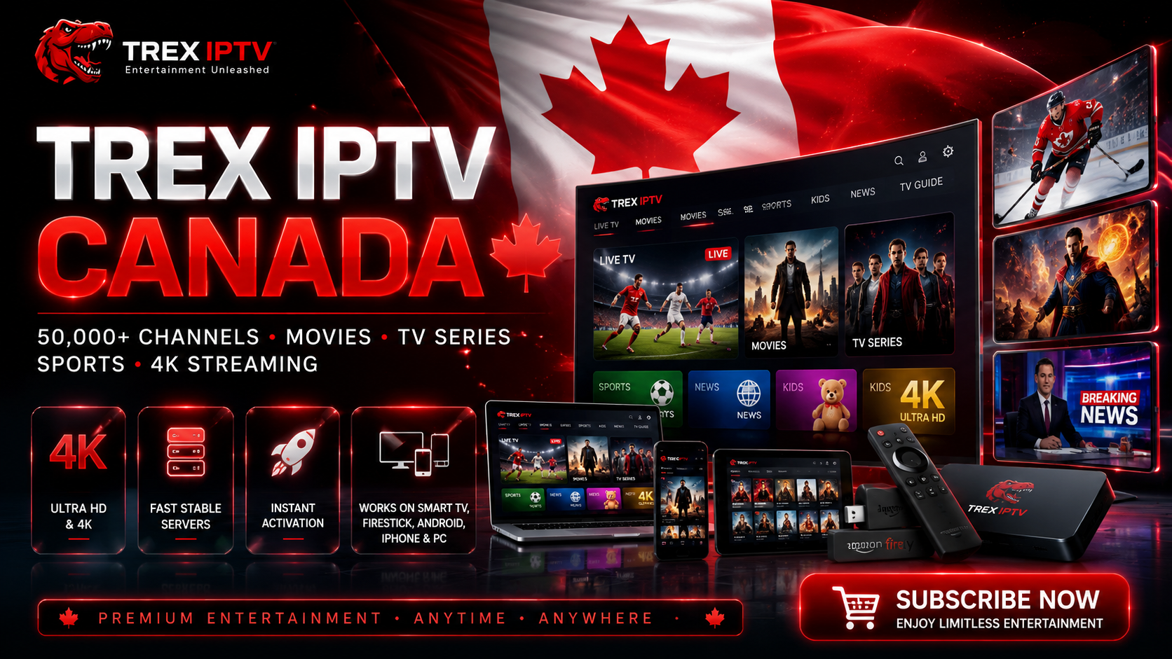 Trex IPTV interface showing 50,000+ live channels and 160,000+ VOD library streaming in 4K Ultra HD quality